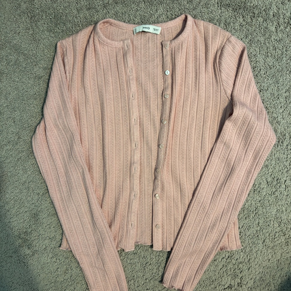 Mango Blush Pink Ribbed Button-Up Cardigan